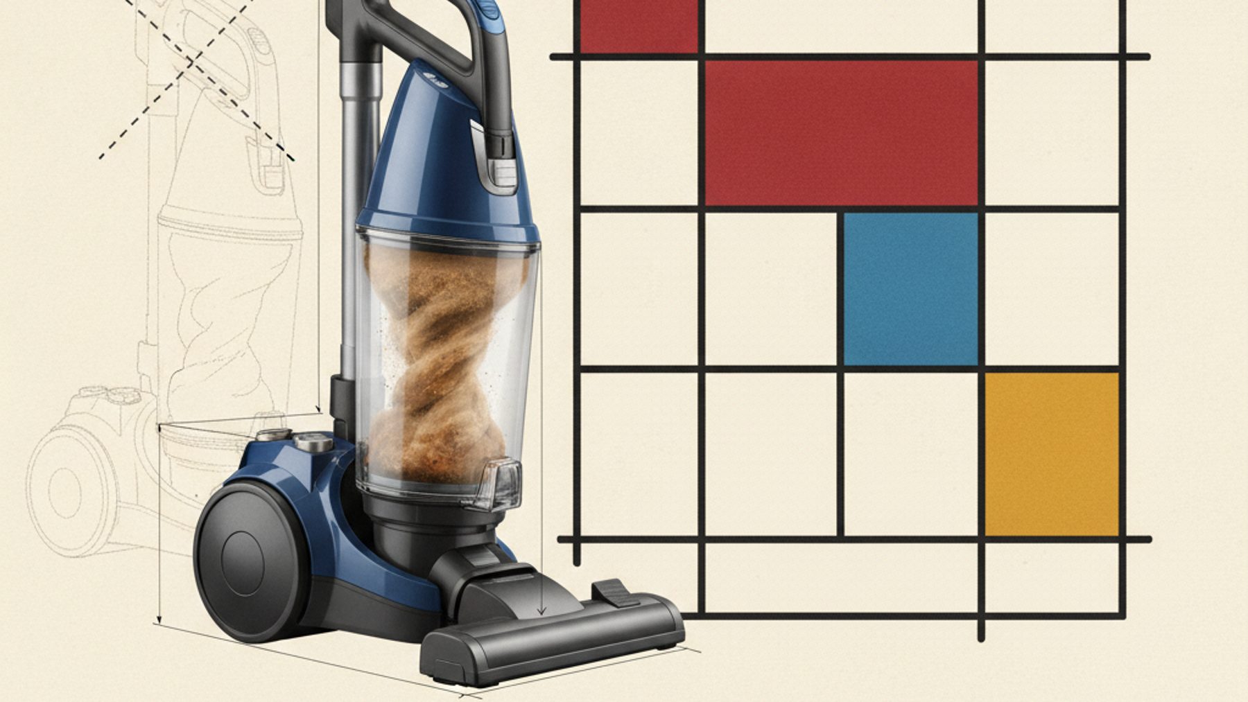 A cutaway cyclonic bagless vacuum cleaner drawn as a De Stijl industrial-design concept sketch with photorealistic parts: a transparent cyclone bin with a swirling dust vortex, molded plastic and brushed metal, and a faint deleted ghost outline of an old cloth dust bag, inside a Mondrian grid.