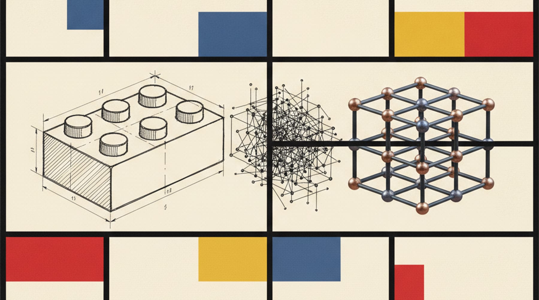 A De Stijl industrial-design plate: a studded toy building brick on the left resolves across a Mondrian grid into a three-dimensional metal-organic-framework crystal lattice on the right, a cage of metal nodes joined by straight organic linker rods. The brick becomes the molecule, same coupling at a different scale.