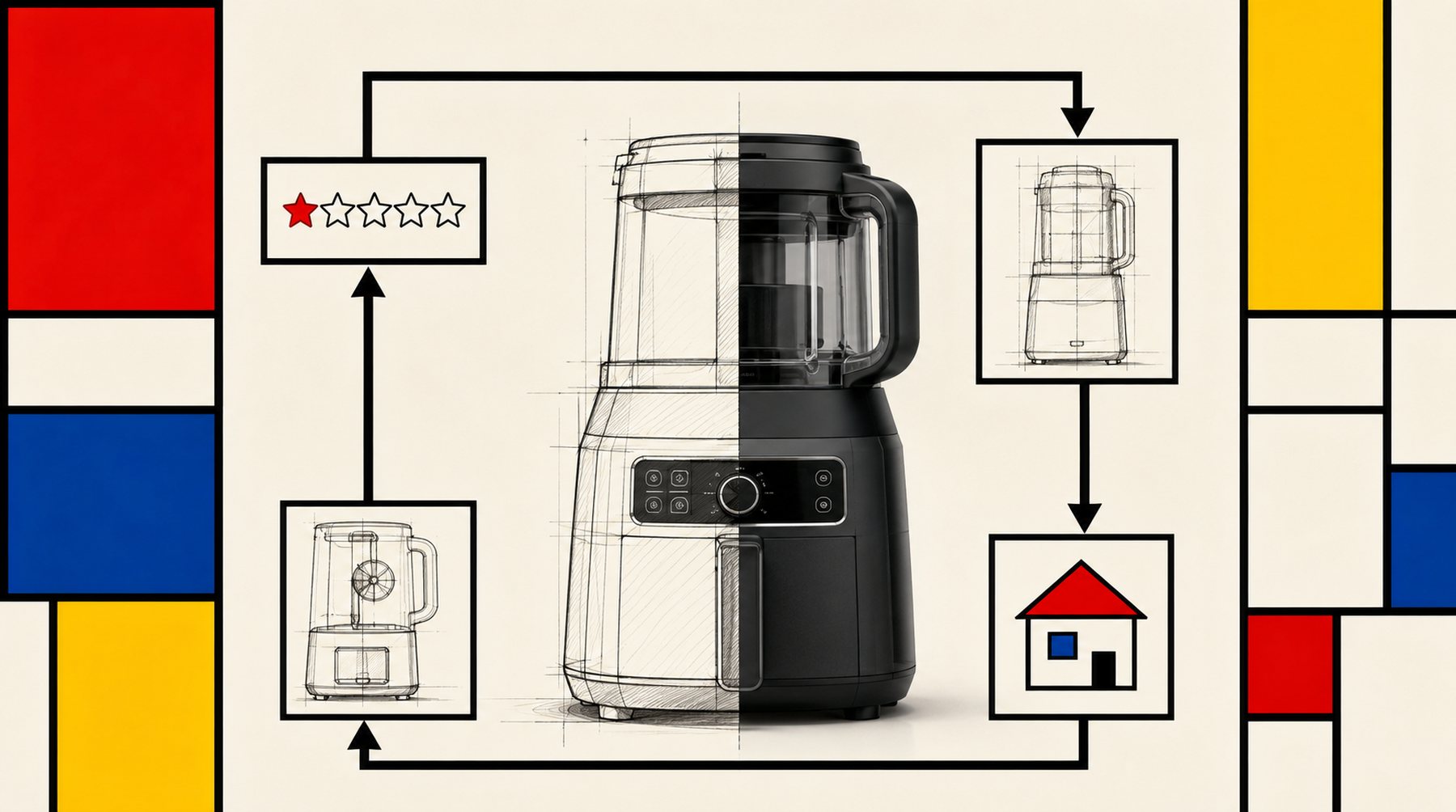 A Ninja-style countertop appliance drawn as a De Stijl industrial-design concept sketch with photorealistic parts, exploded into a closed feedback loop of one-star reviews, prototypes, and home-tested iterations, inside a Mondrian grid.