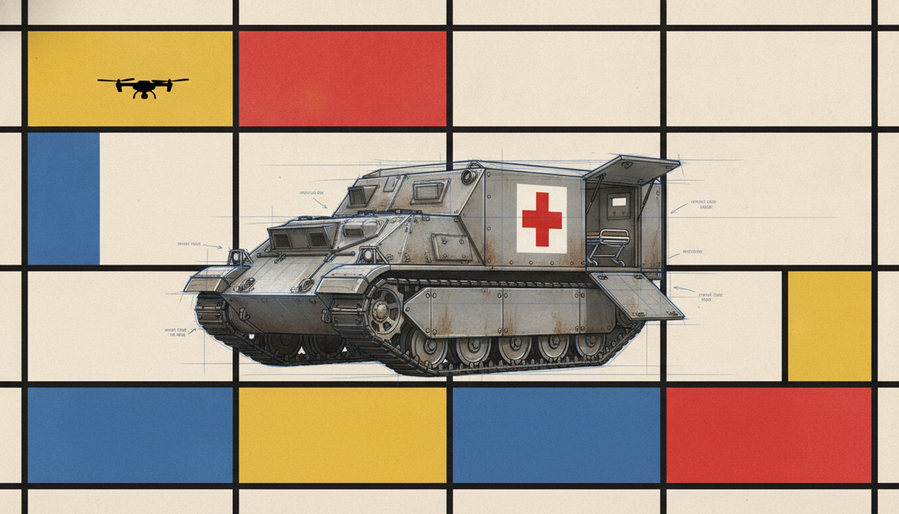 An armored tracked vehicle converted into a field ambulance with a red cross panel, drawn as a De Stijl industrial-design concept sketch with photorealistic parts, a tiny drone silhouette watching from a yellow plane high above.