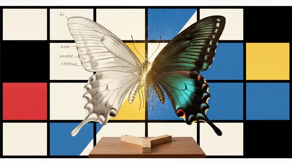 A swallowtail butterfly split down the center: one wing an unfinished naturalist sketch, the other resolved into photoreal color, a spark of light at the seam, framed by Mondrian color panels.